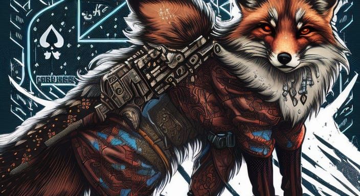 Fox Flautist Playing Card in Cyberpunk Style