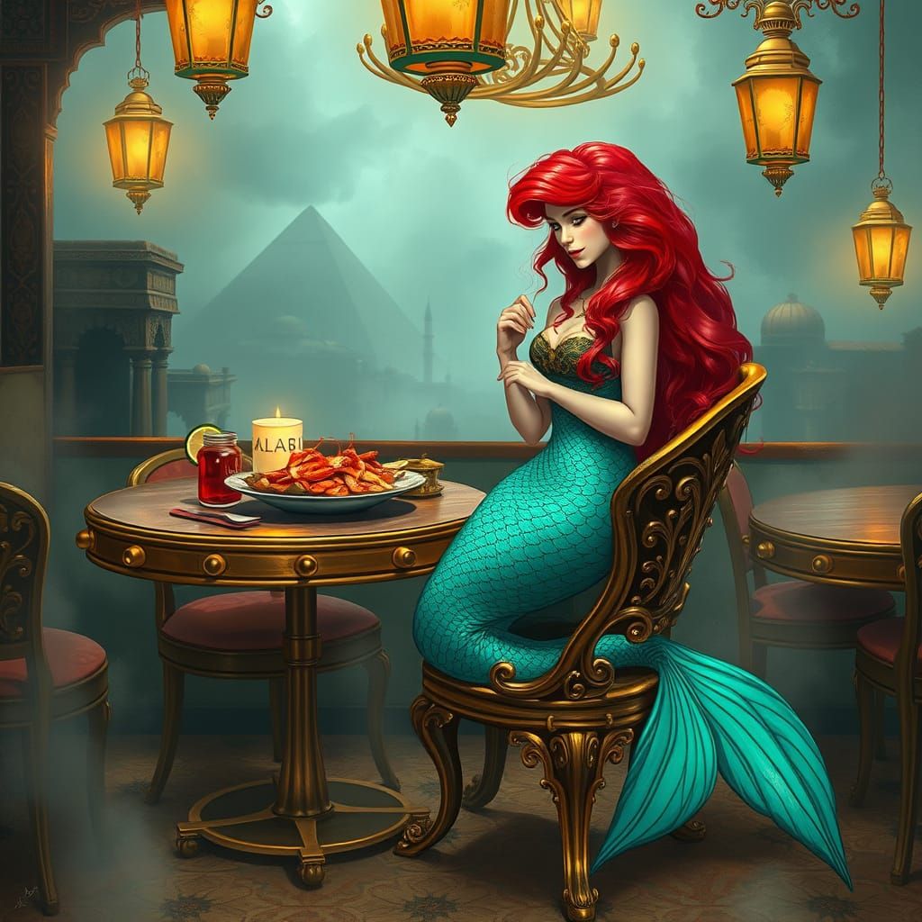 Mermaid Savoring Seafood in Cairo's Mystical Cafe