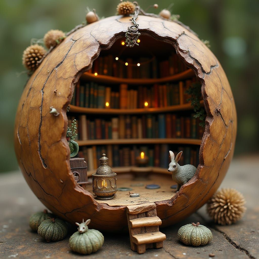 Miniature Walnut Library Inspired by Classic Fairytales
