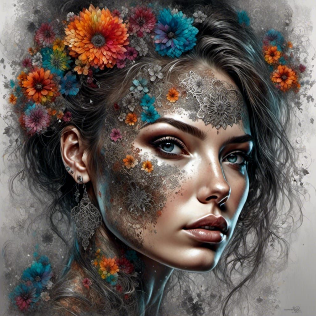 Gothic Woman Portrait with Rainbow Lace Flowers