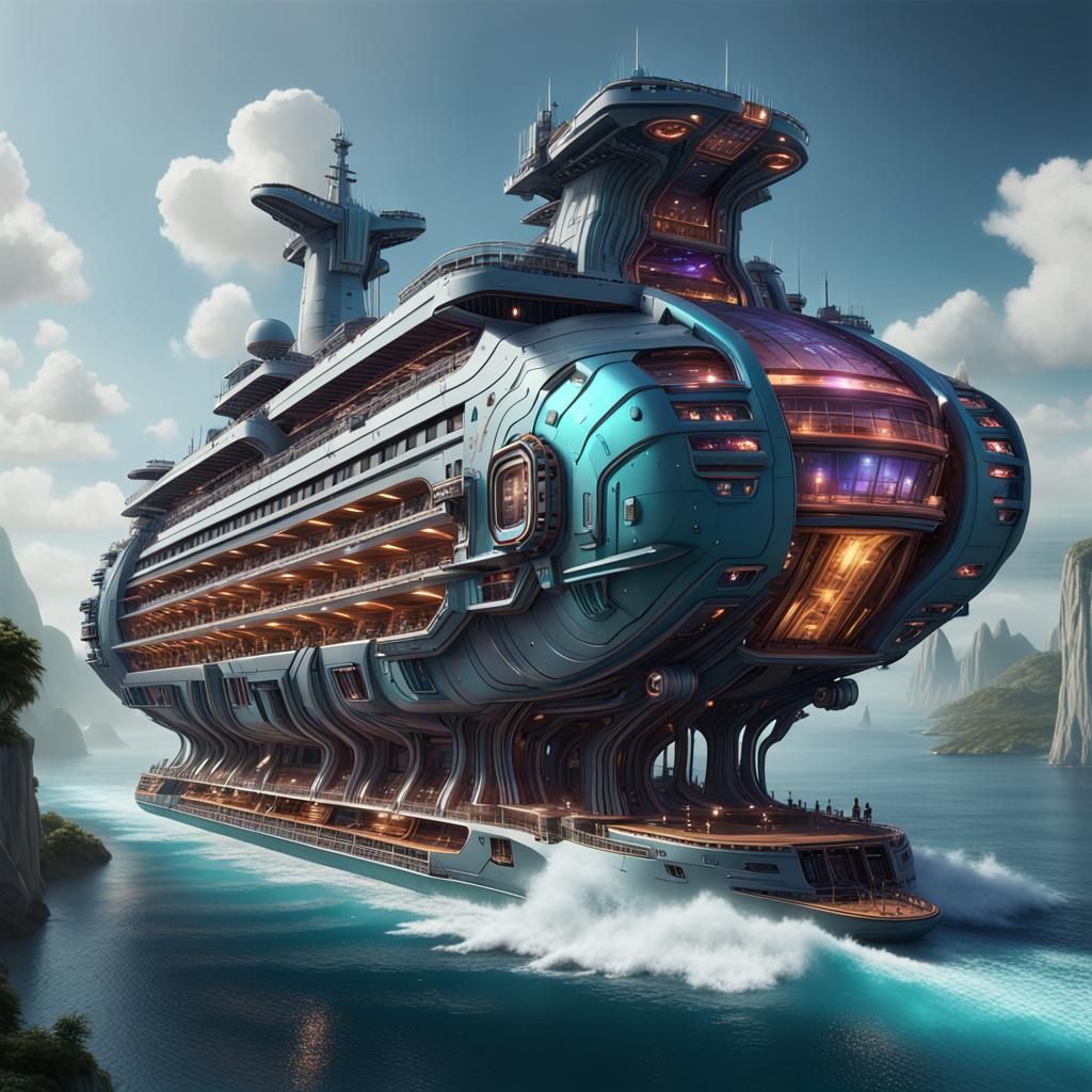 Fantastical Cybernetic Cruise Ship in Detailed Matte Paintin...