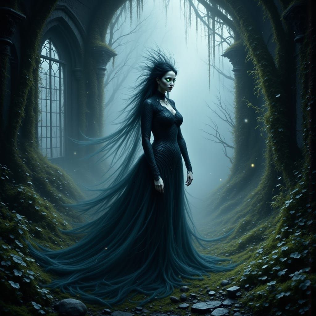 Ethereal Mist Figure in Ancient Ruin