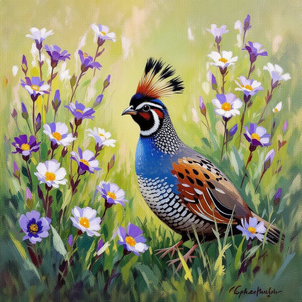 Quail in Impressionistic Flower Field Painting