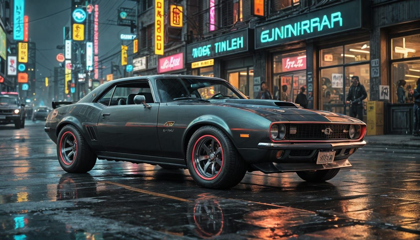 Cyberpunk 1968 Camaro with Neon Holograms
