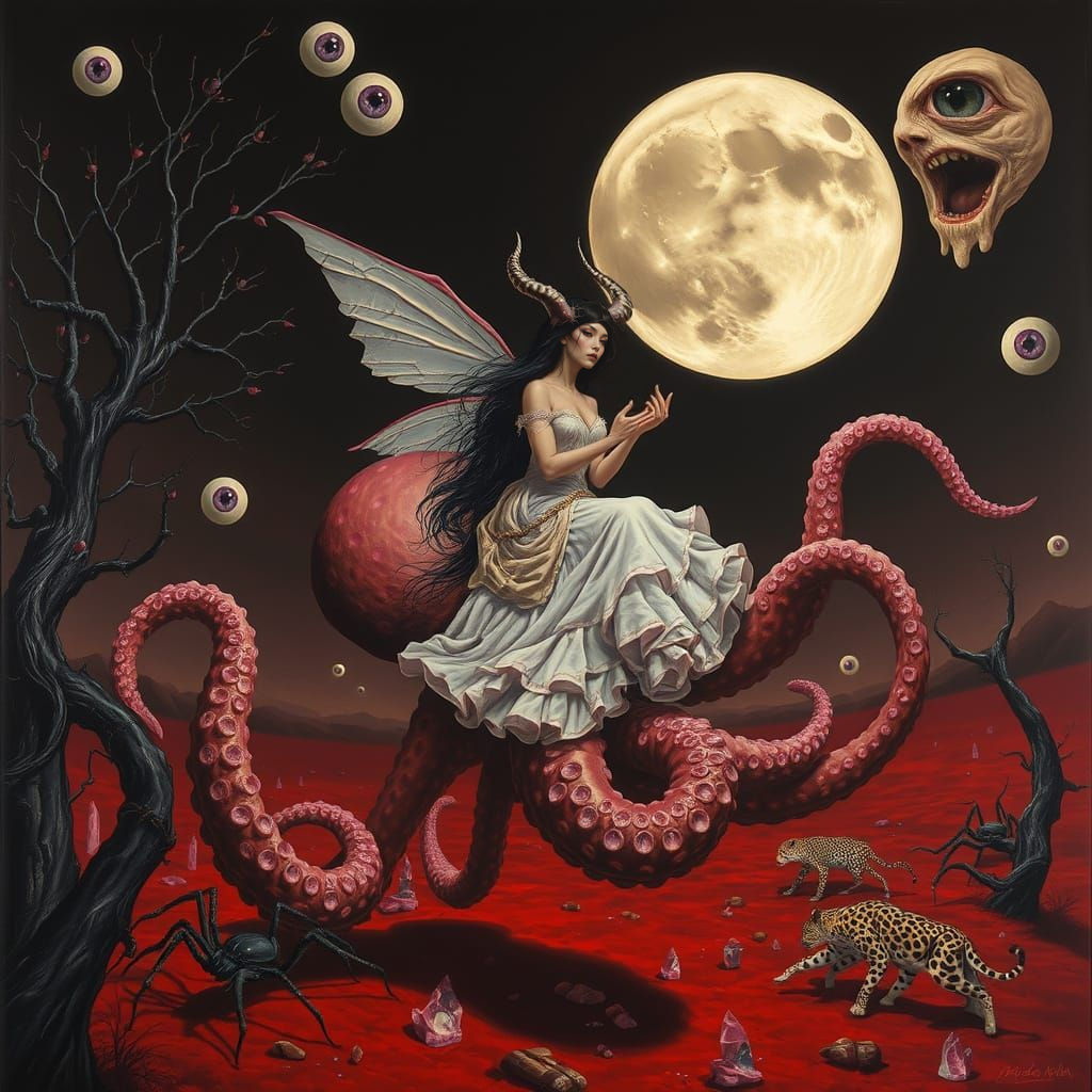 Surreal Woman on Octopus in Crystal Desert