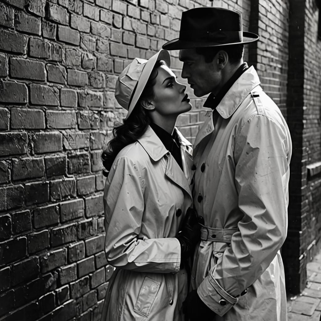Film Noir Kiss in Smoky City Alley
