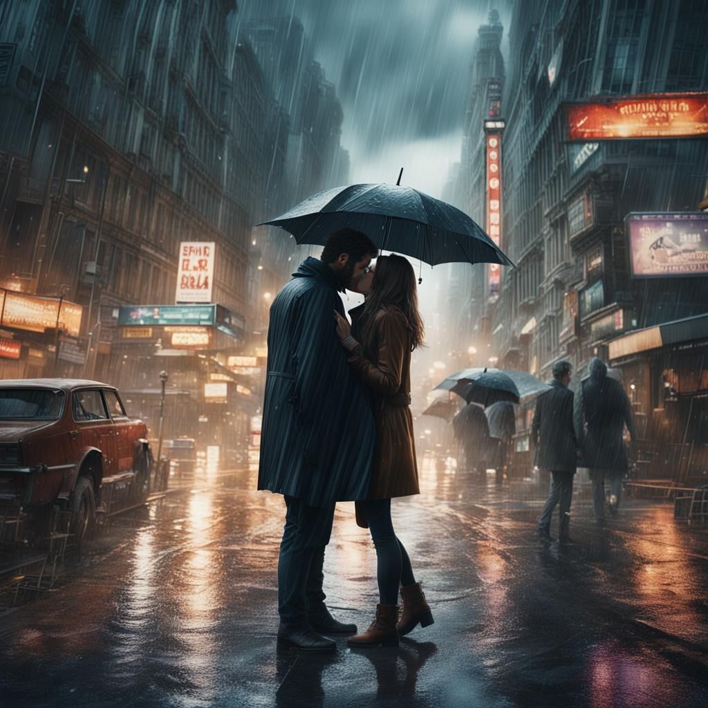 Cinematic Kiss in the Rain Aftermath