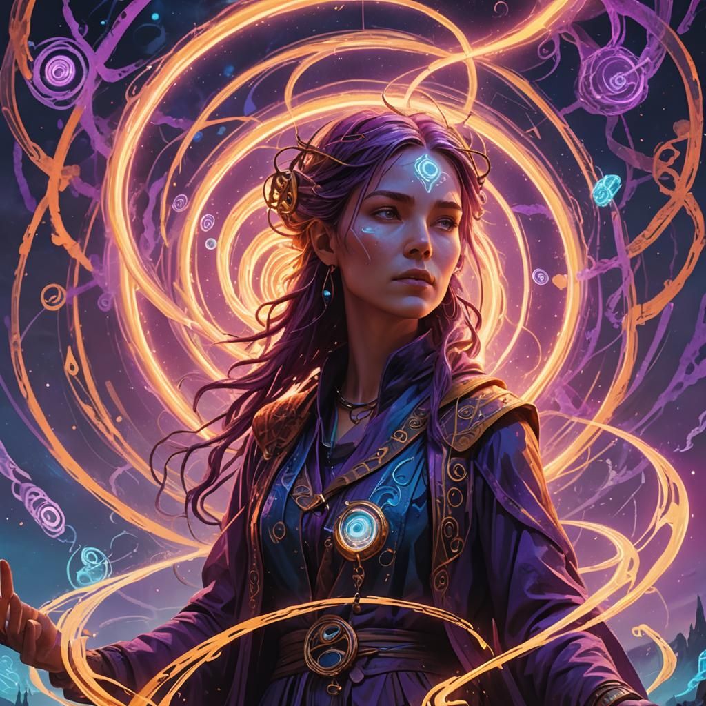 Otherworldly Sorceress Conjuring a Vortex of Colors