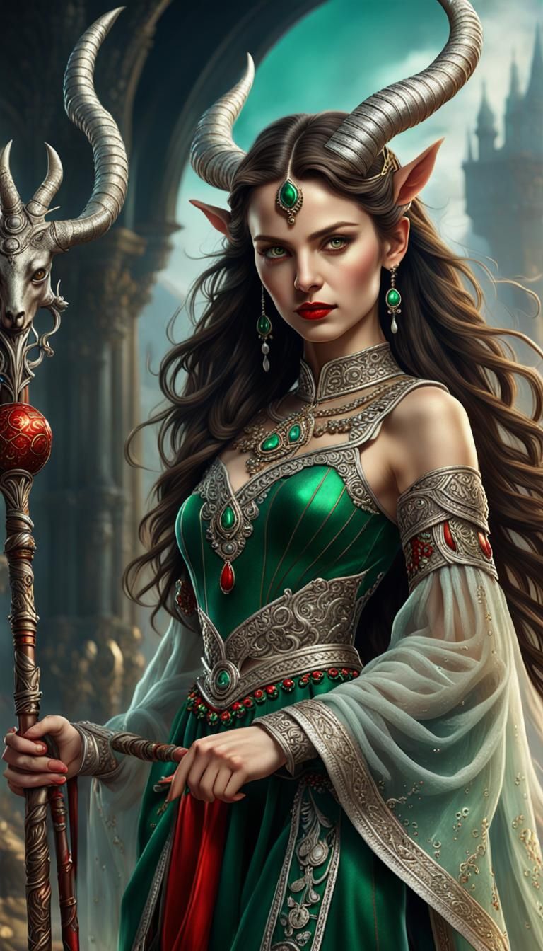 Beautiful Capricorn Woman with Horns in Traditional Dress