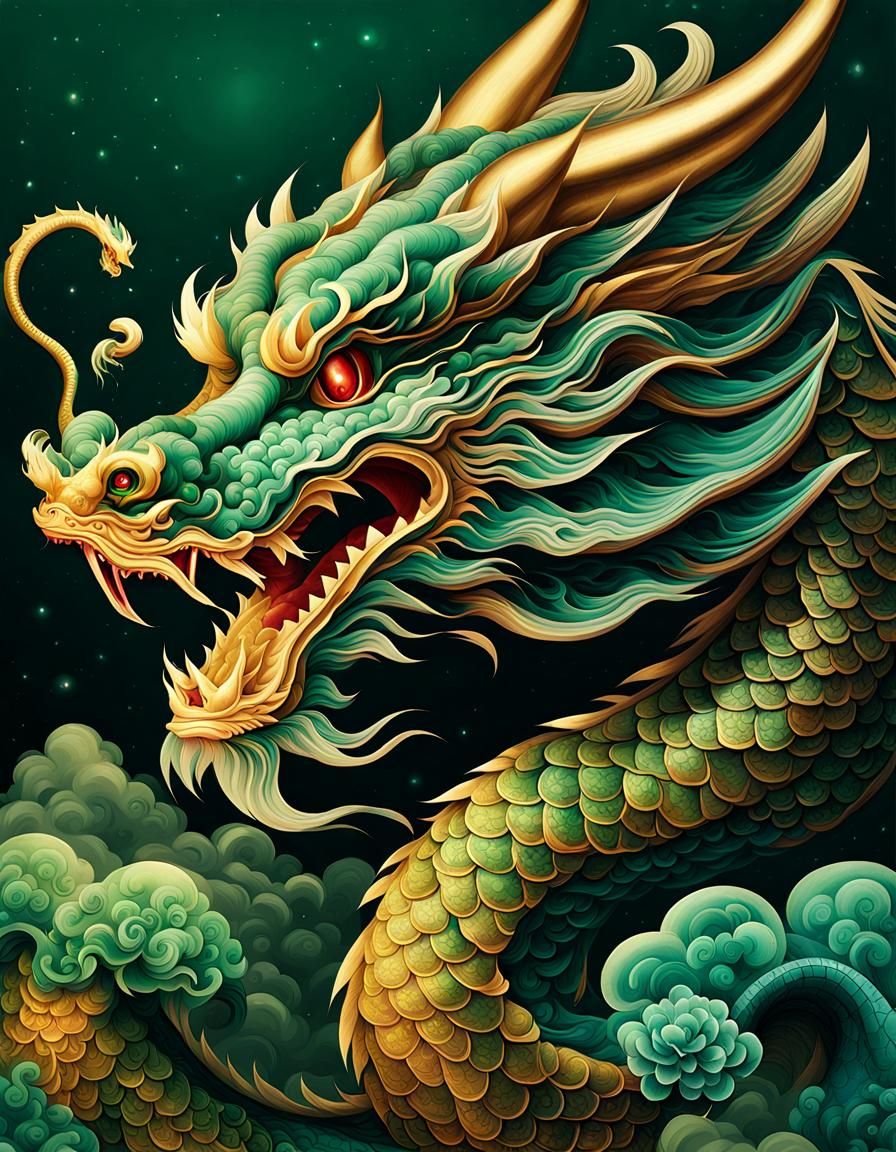 One (1) jade Chinese Dragon rising up into the cosmos :: in the style of Dima Osipov and Chen Rong :: subtle colors, tra...