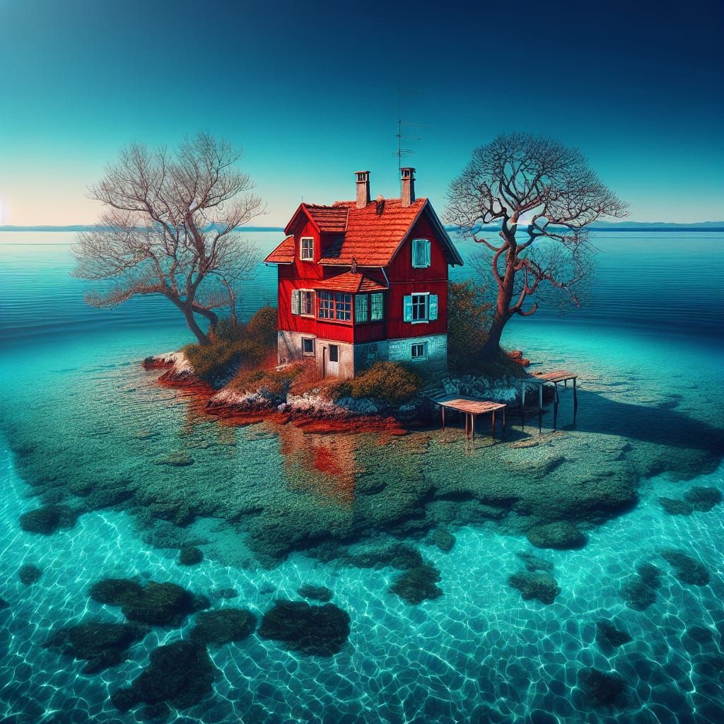 Picturesque Red House on Island Waterscape