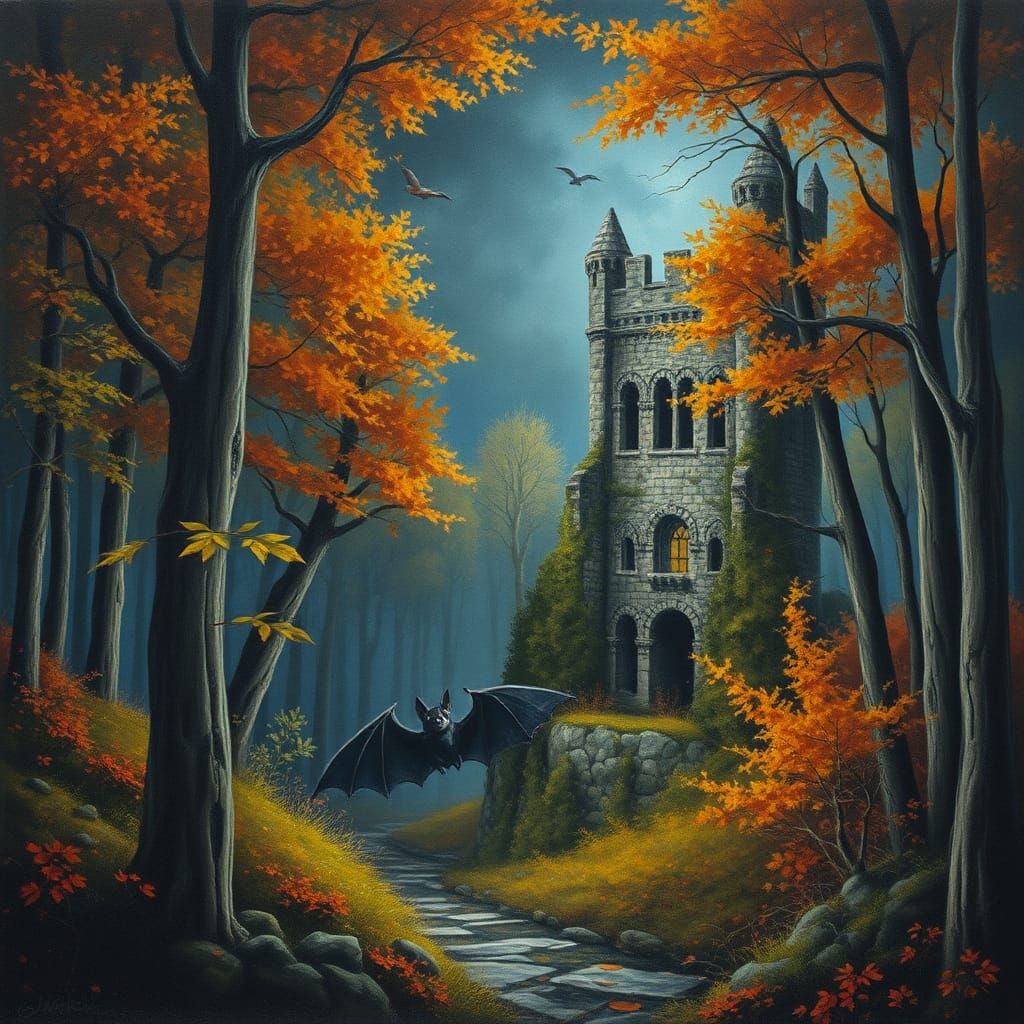 Bat and Castle Ruins in Autumn Forest, Oil Painting