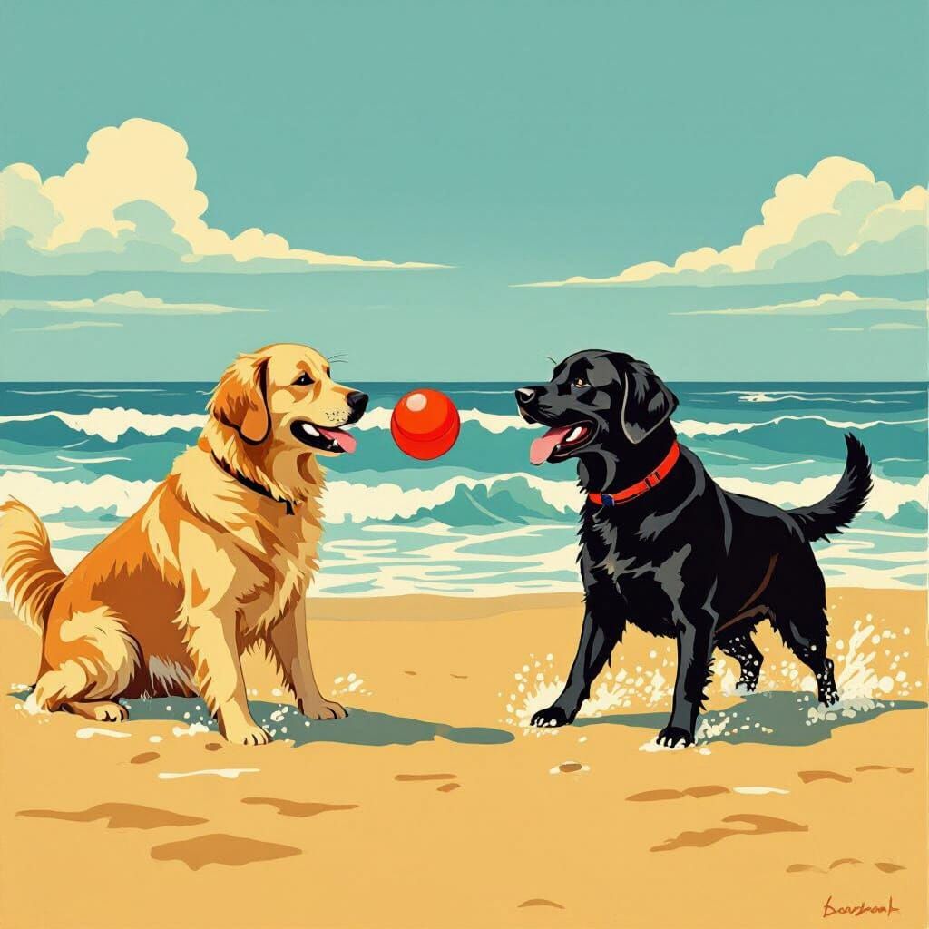 Dogs Play Fetch on Beach in Gouache Style