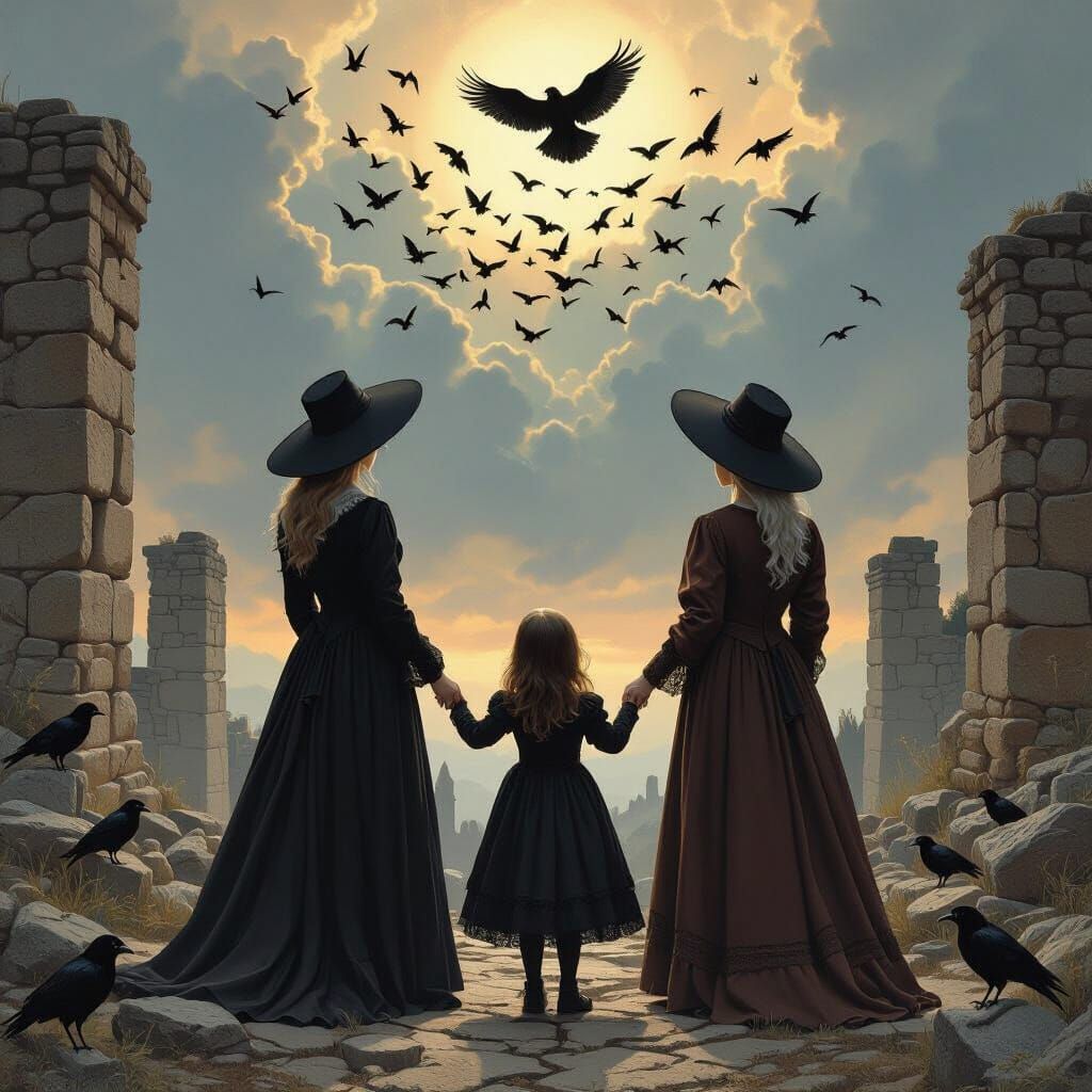Little Girl in Ruins with Crows: Dark Fantasy