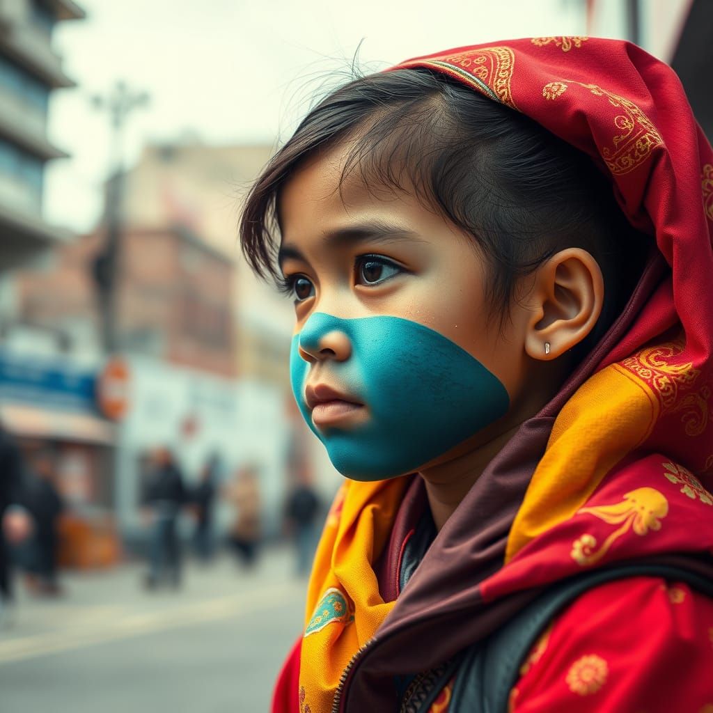 Futuristic Urban Child in Vibrant Traditional Dress