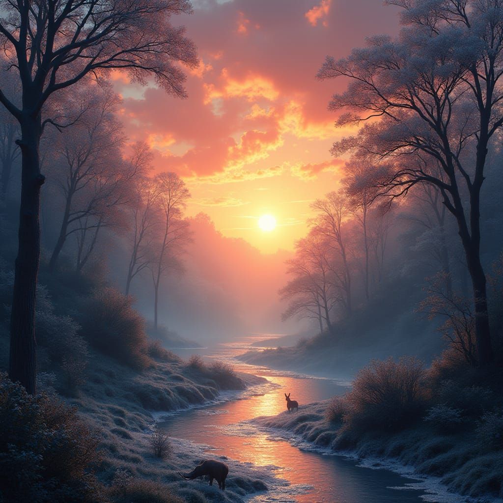 Surreal Fantasy Sunrise with Morning Frost and Mystic Forest
