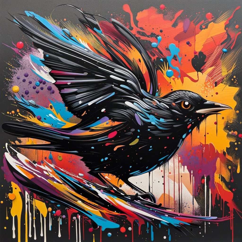 Blackbird's Eye Amid Snowy Mountains, Graffiti Style