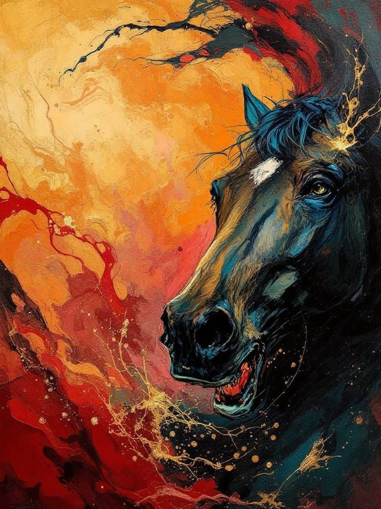 Horse Gallops in Fiery Sky, Toulouse-Lautrec & Soutine Style