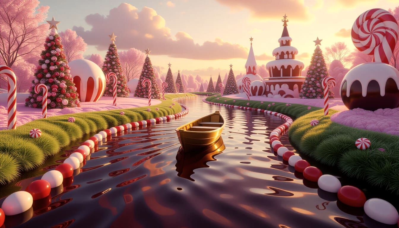 Glossy Chocolate River Flowing Under Candy Cane Trees