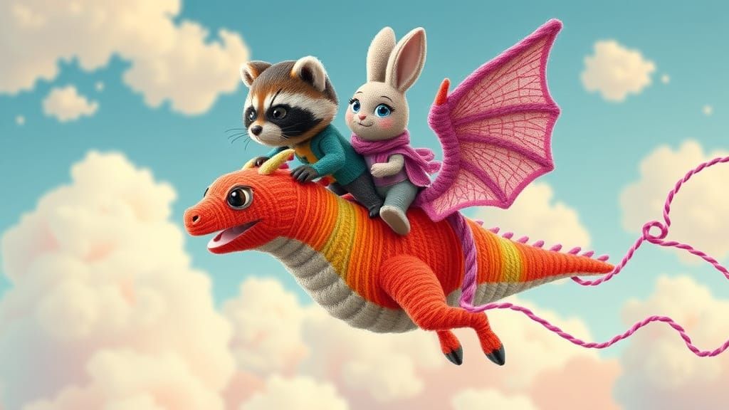 Raccoon and Bunny on Yarn Dragon, Fantasy Adventure