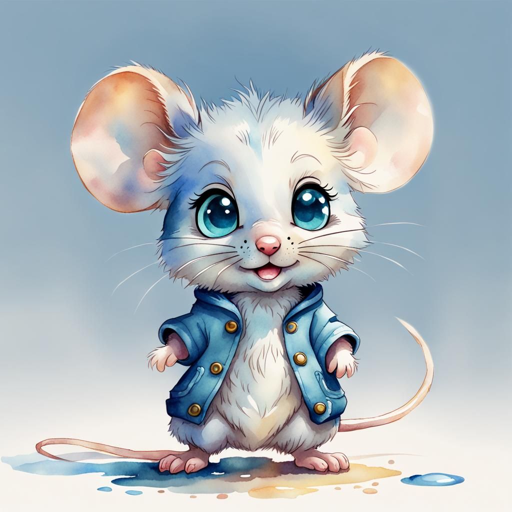 Cute Chibi Mouse in Watercolor Disney Style