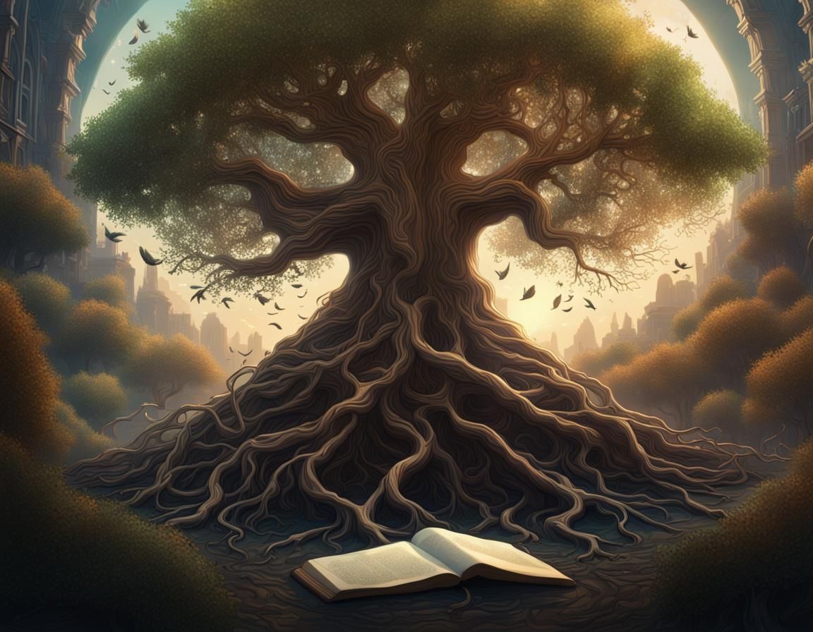 Tree of Knowledge with Page Leaves, Hyperdetailed Art