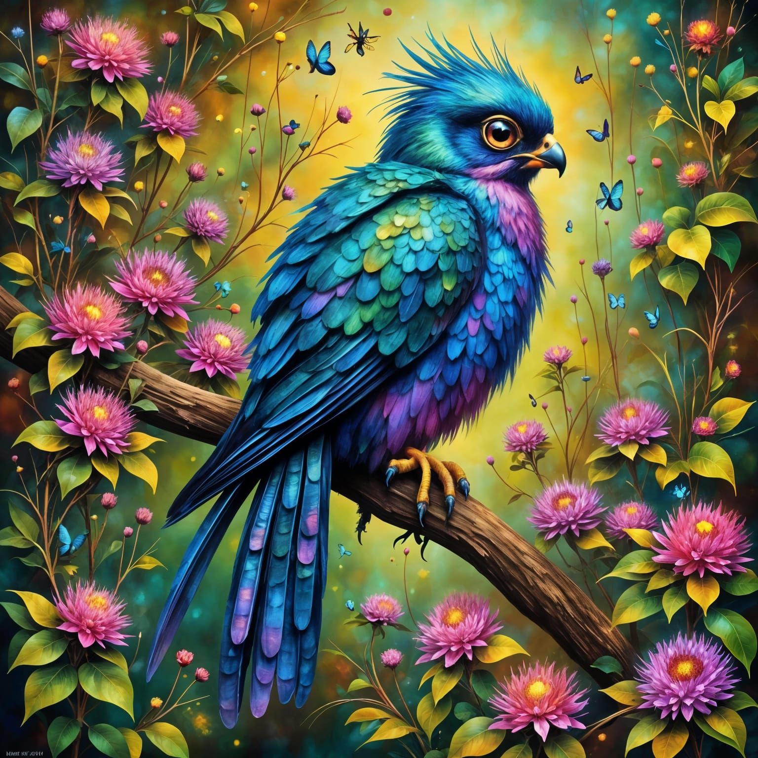 Turquoise Neon Blue Falcon on Rainforest Branch