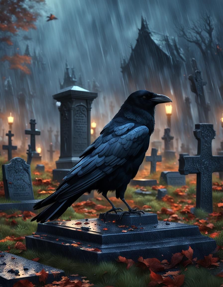 Crow in Rainy Cemetery: Detailed Matte Painting