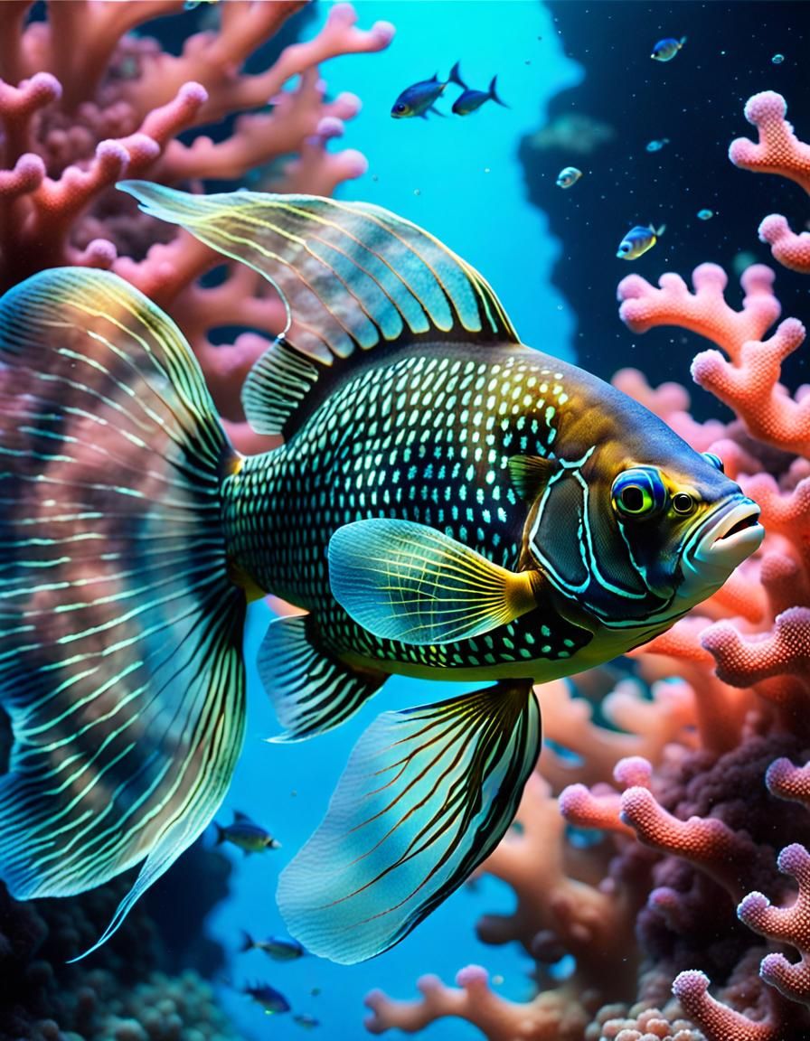A beautiful fish with a transparent body and bioluminescent ...
