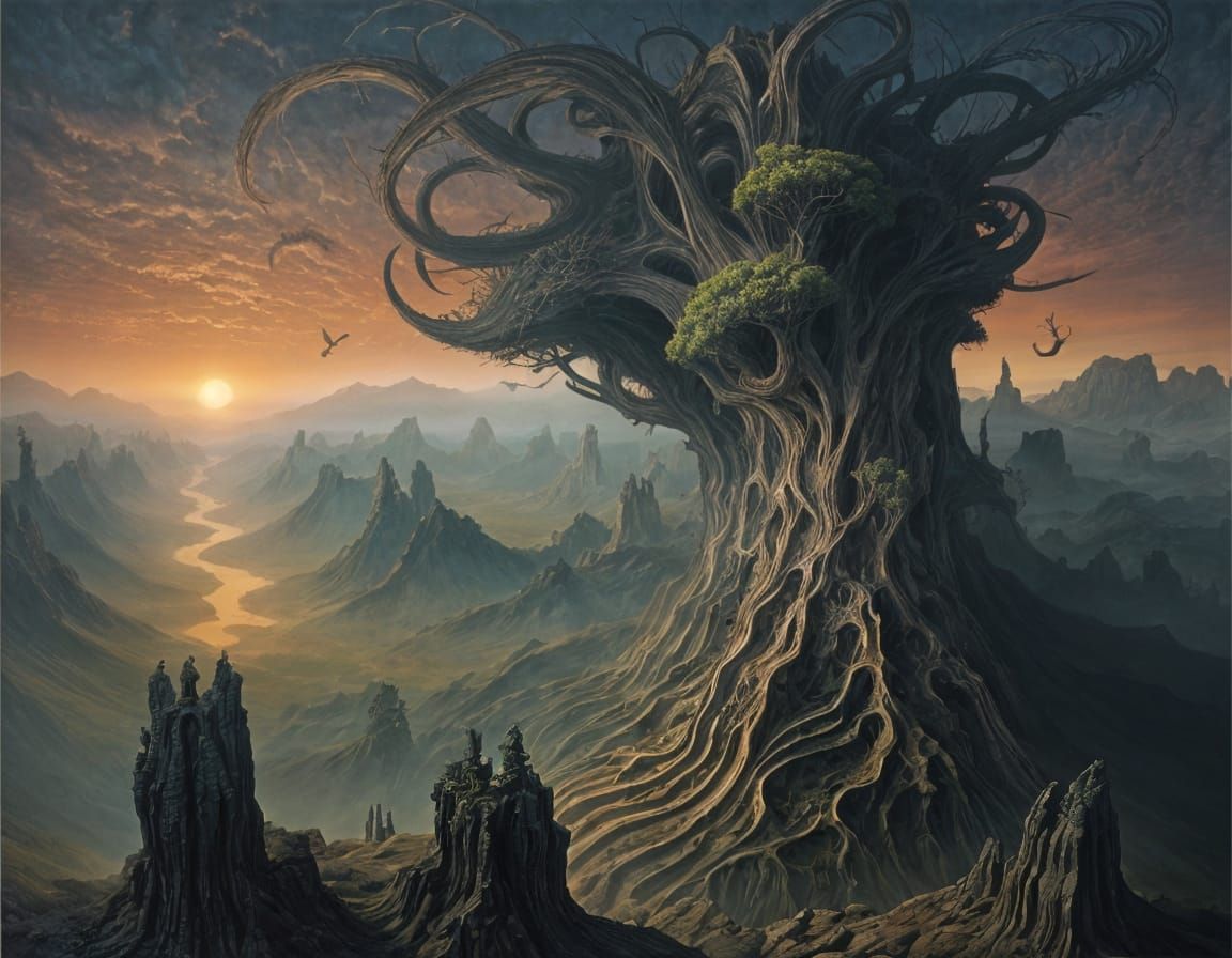 Surreal Landscape Inspired by Escher, Beksinski, and Giger