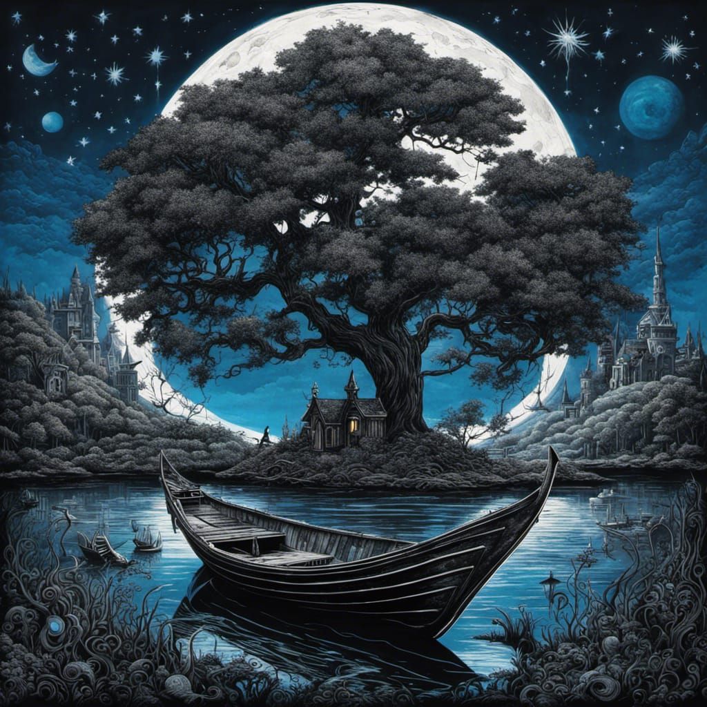 Gothic Lake at Midnight in Tim Burton Style