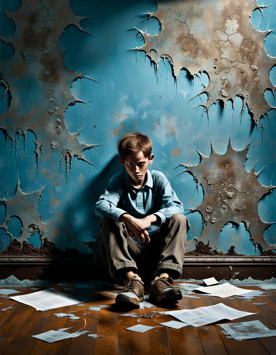 Melancholy Scene: Boy in Aged, Dimly Lit Room