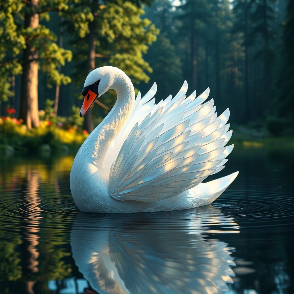 Glass Swan Glides on Lake, Art Nouveau Style