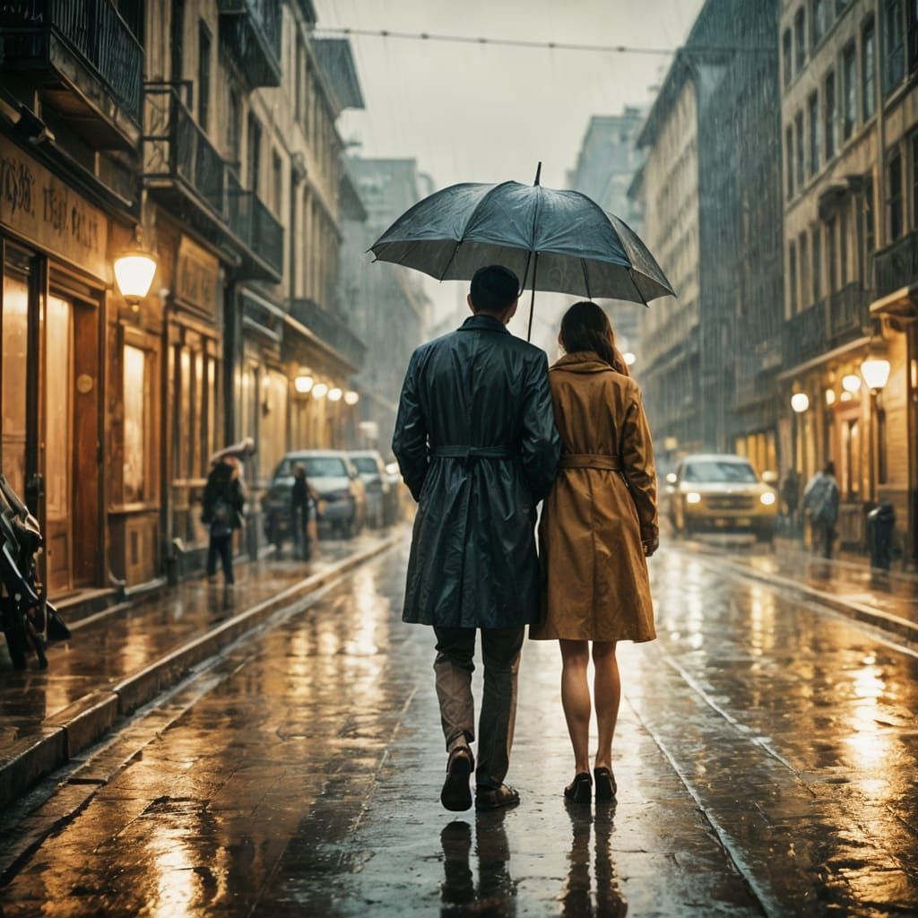 Cinematic Rainy City Street Scene in a Romantic, Melancholic...