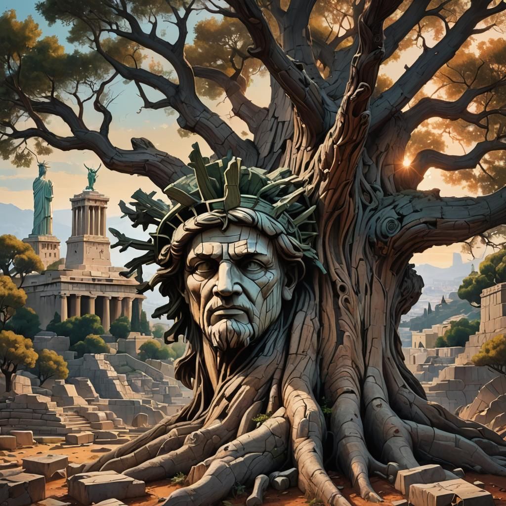 Tree with Socrates Face on Acropolis: Hyperrealistic Art