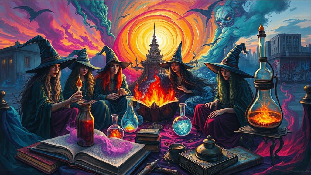 Mystical Coven in a Swirling Vortex of Vibrant Colors