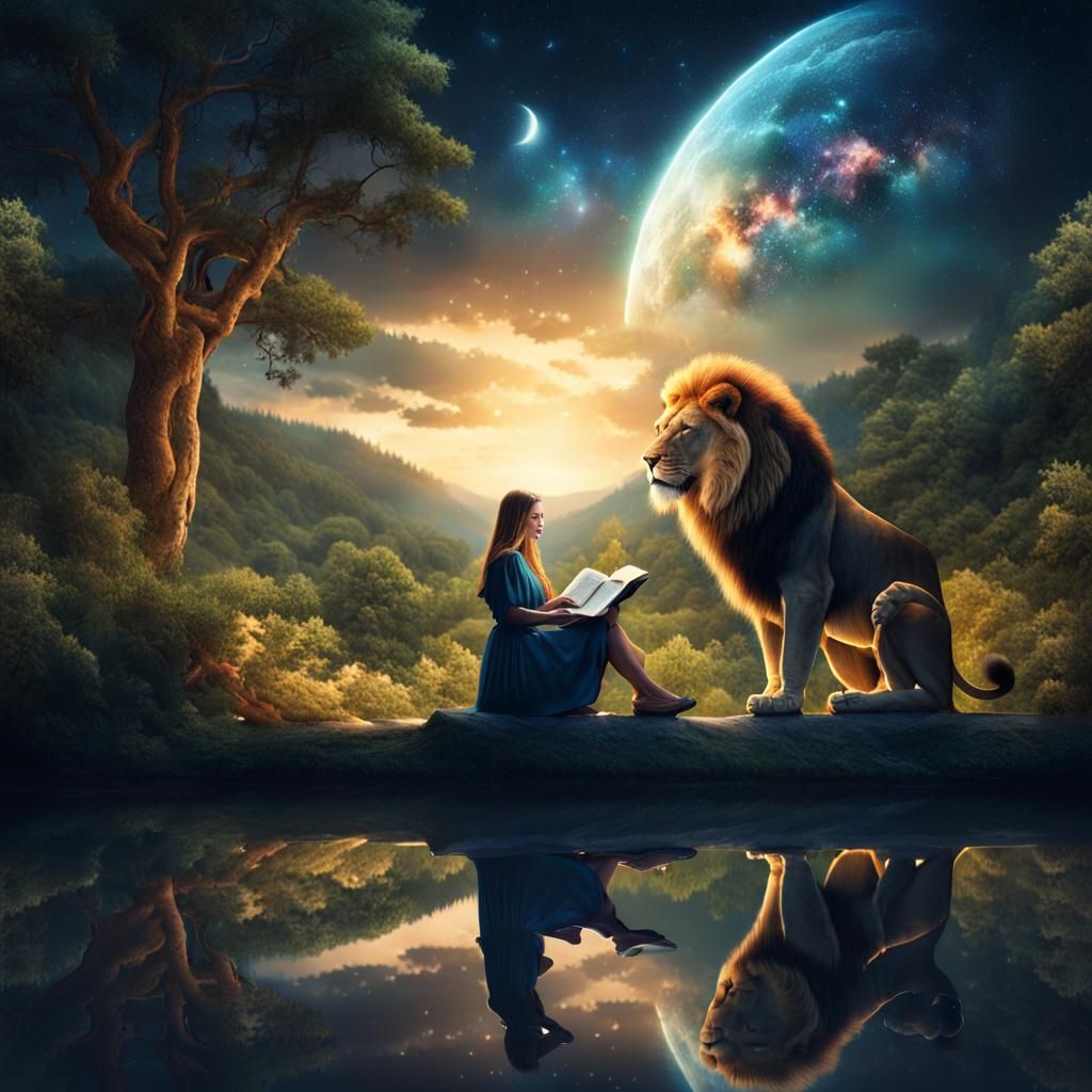 Woman Reading with Lion Under Night Sky