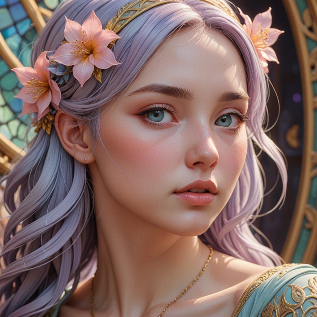 Girl Confides in Pastel Hues, Intricate Art Nouveau Patterns