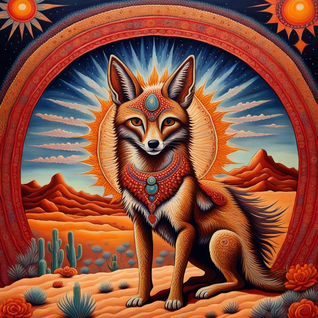 Coyotes' Desert Spiritual Quest: Naive Folk Art