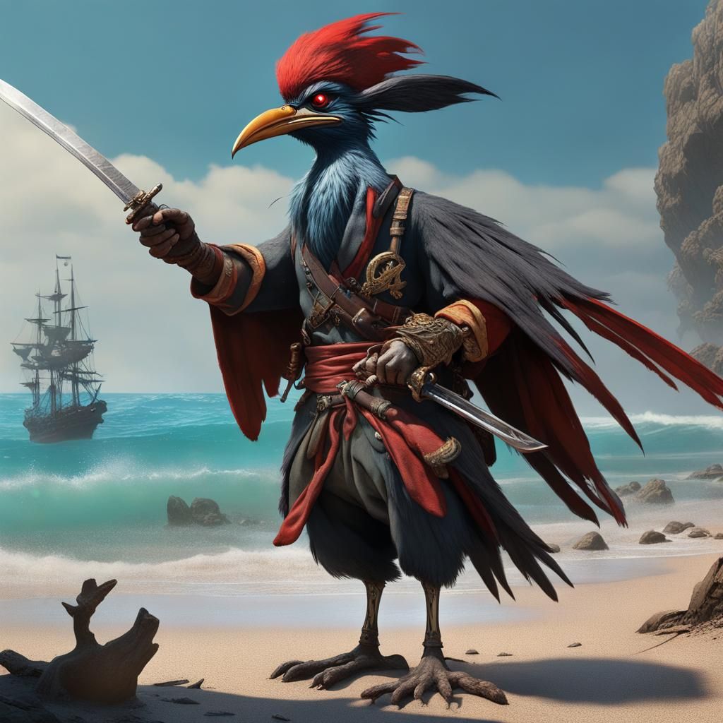 Roadrunner Tengu Pirate on Shore, Detailed Matte Painting
