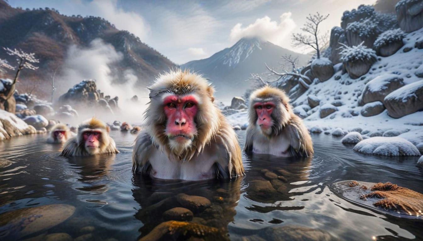 Snow Monkeys in Winter Hot Springs, Japan