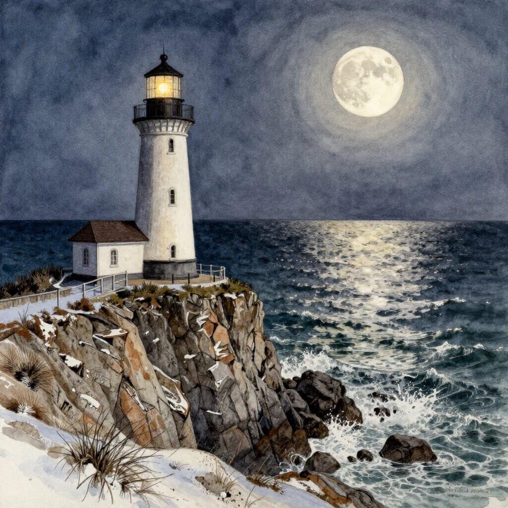 Winter Lighthouse Under Blood Moon in Watercolour Charcoal