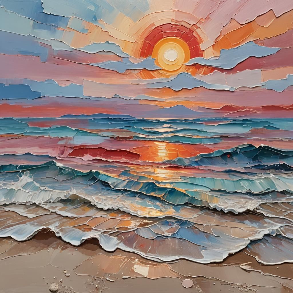 Sunset Over Calm Sea as Impasto Oil Painting