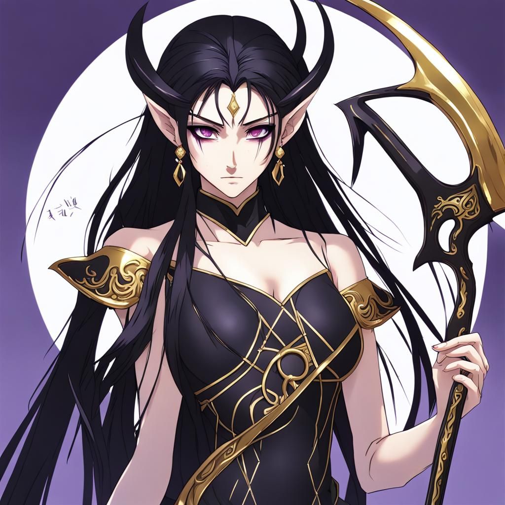 Dark Elf Woman with Scythes in Anime Style