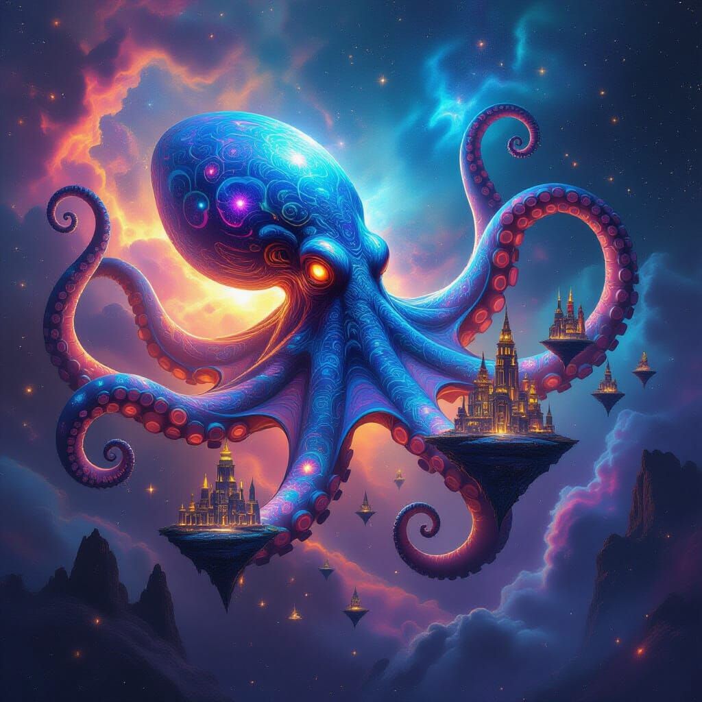 Cosmic Octopus Emerging From Nebula, Holding Ancient Cities