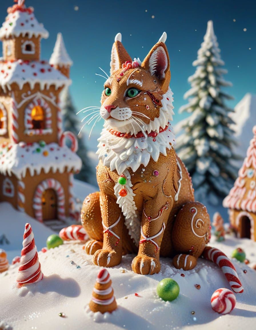 Gingerbread Lynx Guards Candy Fortress, Victorian Style