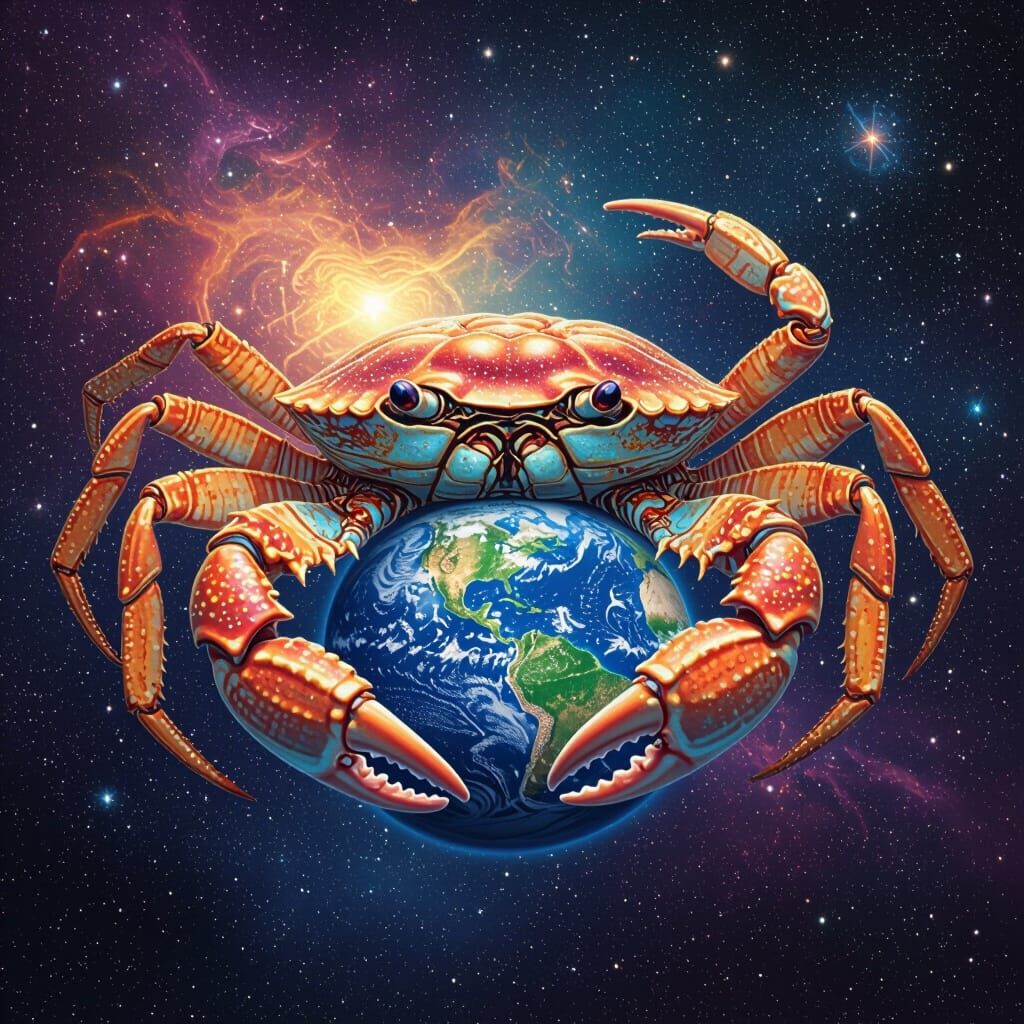 Cosmic Crab Holds Earth in Astral Illustration