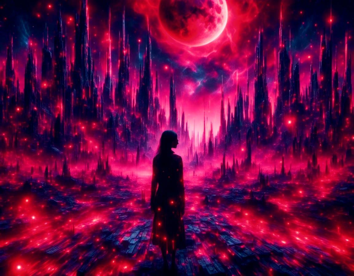 Futuristic Neon City with Cosmic Sunset on Newspaper