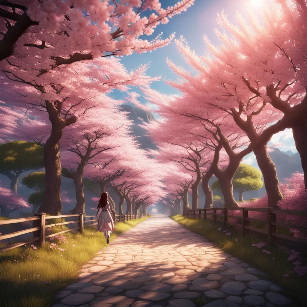 Anime Girl Under Cherry Blossom Trees: Digital Painting