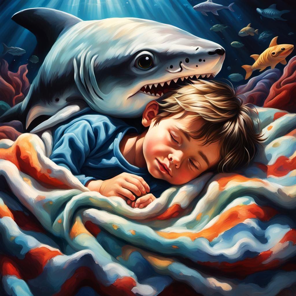 Child Sleeping with Shark Plush in Hyperrealistic Style